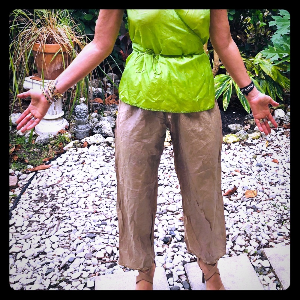 Base Sequined Beige Silk Drawstring Pants Sz S New - image 2